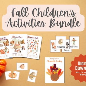 May include: A digital download bundle of fall-themed children's activities. The bundle includes printable worksheets, games, and crafts. The activities feature images of pumpkins, scarecrows, and other fall icons. The text "Digital Download, Not a Physical Product" is displayed on a red starburst.