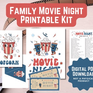 Family Movie Night Printable | Movie Party Decorations | Retro Drive in Movie Theatre | Family Movie Bucket List | Popcorn Sign