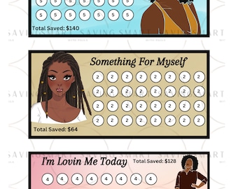 Op de afbeelding: Drie geïllustreerde spaartrackers met de zinnen "Nothing But Blue Skies", "Something For Myself" en "I'm Lovin Me Today". Elke tracker heeft een andere illustratie van een vrouw en een raster van cirkels om de besparingen bij te houden.