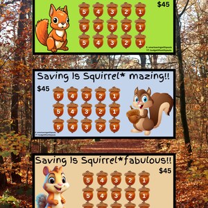 Puede incluir: Tres tarjetas coloridas con ardillas de dibujos animados y gráficos de bellotas. Cada tarjeta tiene la frase "Saving Is Squirrel* [adjetivo]!!" con diferentes adjetivos. Las tarjetas también muestran una cuadrícula de bellotas con números y el precio de $45.