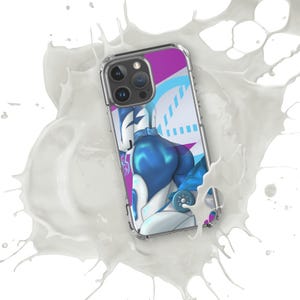 May include: A clear phone case with a colorful design featuring a woman in a blue and white suit. The case has a camera lens cutout and a raised lip around the edges.