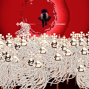 May include: A digital illustration of a figure standing on a platform surrounded by white, string-like objects. The figure is wearing a black outfit and has purple hair. The background is a red gradient with a crescent moon shape.