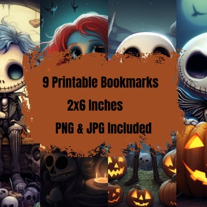 Peut inclure: Neuf marque-pages imprimables d'Halloween mettant en scène Jack Skellington, Sally et d'autres personnages de L'Étrange Noël de monsieur Jack. Les marque-pages mesurent 5x15 cm et sont disponibles en formats PNG et JPG.