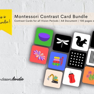 Pacchetto di carte Montessori a contrasto per tutti i periodi di visione | Carte di stimolo visivo per bambini | Giocattoli per il tempo della pancia | Set di 4 mazzi | Scaricamento digitale