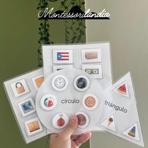 May include: A set of Montessori learning cards featuring images of various objects and shapes. The cards are labelled with the Spanish words "círculo" (circle) and "triángulo" (triangle).