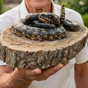 May include: A hand-carved wooden sculpture of a coiled rattlesnake with detailed scales in shades of black, brown, and tan. The snake rests on a circular, thick slice of natural wood featuring a rough, textured bark edge and a sandy-colored top surface.