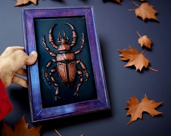 Stag Beetle Clay Relief Sculpture - 3D Bug Wall Art - Nature Lover Gift - Framed