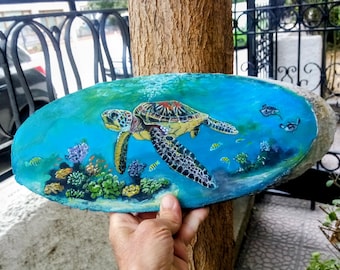 Sea Turtle Wall Art on Wood Slice, Painted Coastal Home Decor, Underwater Animals Art