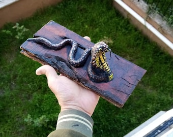 Handmade Cobra Clay Sculpture on Wood, Realistic Snake Figurine, Reptile Statue