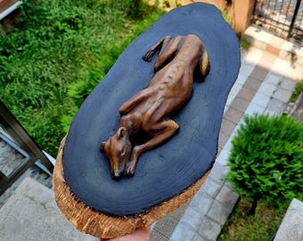 Greyhound  Sculpture on Wood Slice, Whippet Dog Figurine, Clay Sighthound, Pet Lovers Gift
