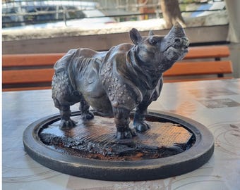 Indian Rhinoceros Sculpture, Handmade Armored Rhino Clay Statue, Wildlife Art, Rustic Nature Decor