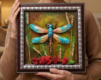 Dragonfly Relif Sculpture, Clay Insect Nature Home Decor, Mixed Media Art Object