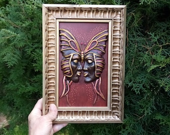 Handmade Butterfly Face Clay Relief Sculpture, Feminine Gothic Wall Art