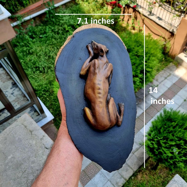 May include: A brown, sculpted relief of a reclining animal mounted on a dark, oval-shaped wooden plaque. The piece measures 7.1 inches in width and 14 inches in height, featuring a textured surface and a detailed, three-dimensional animal figure.