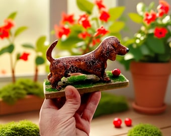 Handcrafted Dachshund Sculpture: Rustic Wiener Dog Figurine on Rosewood Base