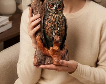 Owl Sculpture on Olive Wood, Bird of Prey Figurine, Forest Home Decor, Woodland Art