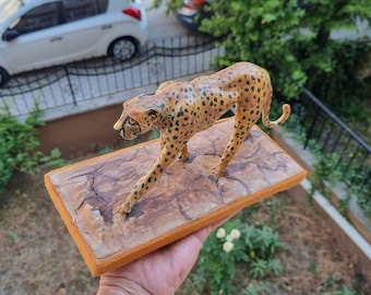 Handmade Clay Cheetah Sculpture, Walking Cheetah Wildlife Art, One of a Kind Animal Statue