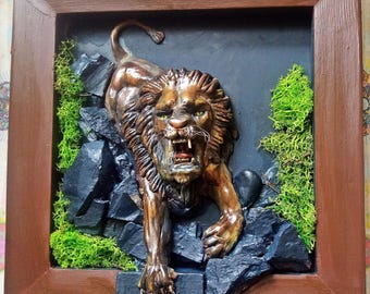 Handmade Lion Relief Sculpture Wall Art, Wildlife Wall Decor, Animal Lovers Gift