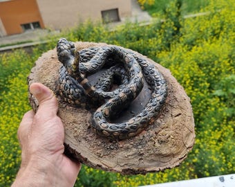 Snake Sculpture on Wooden Base, Clay Serpent Figurine, Desert Reptile Art, Rustic Nature Decor