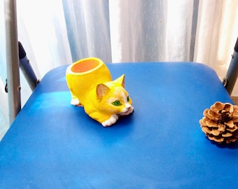 Figural Handpainted Cat Figurine, Mini Dish for Accessories, Whimsical Cat Themed Gift, home decor