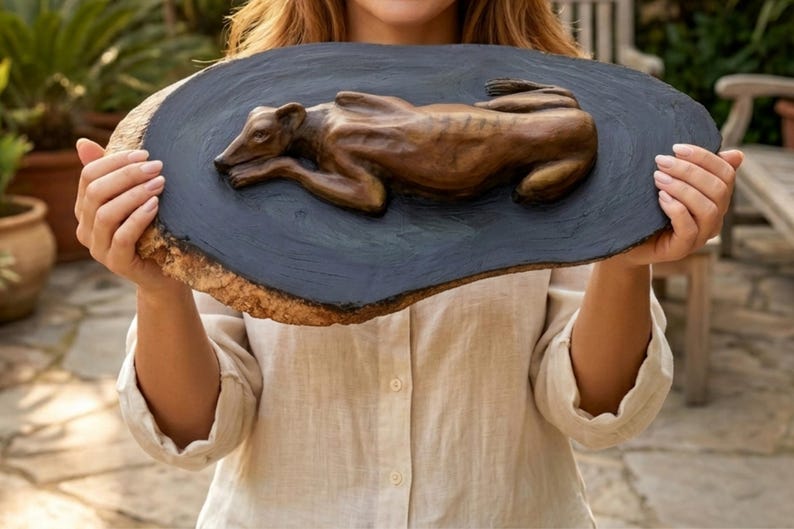 May include: A bronze-colored sculpture of a resting greyhound dog mounted on a dark, oval-shaped wooden plaque. The plaque features a smooth, black-painted center surface with natural, textured bark edges visible around the perimeter of the wood.