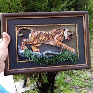 Handmade Tiger Relief Sculpture Wall Art, Wildlife Wall Decor, Jungle Themed Gift image 1