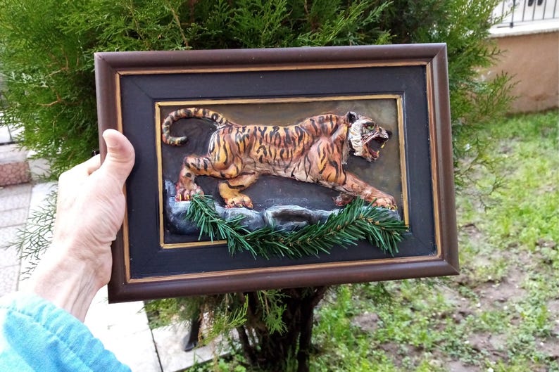Handmade Tiger Relief Sculpture Wall Art, Wildlife Wall Decor, Jungle Themed Gift image 1