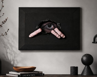 Surrealistische oogsculptuur, 3D-muurkunst, handgemaakt canvas met gemengde technieken, decoratie met optische illusie