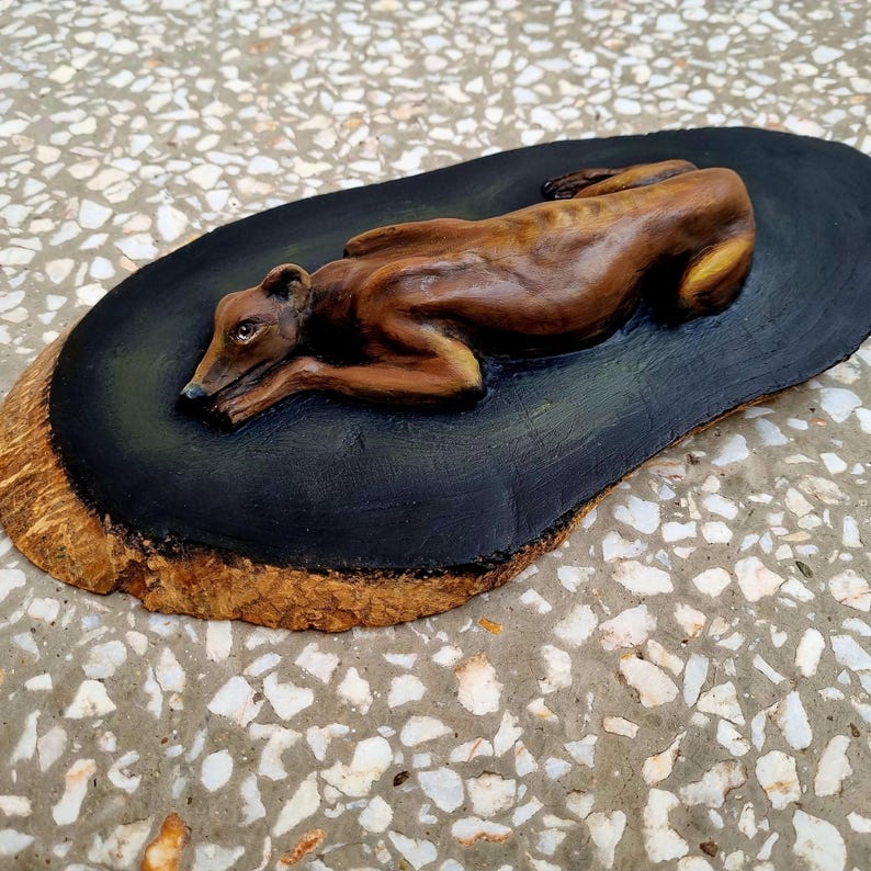 Whippet Dog Sculpture on Wooden Base, Greyhound Statue, Clay Sighthound Home Decor image 8