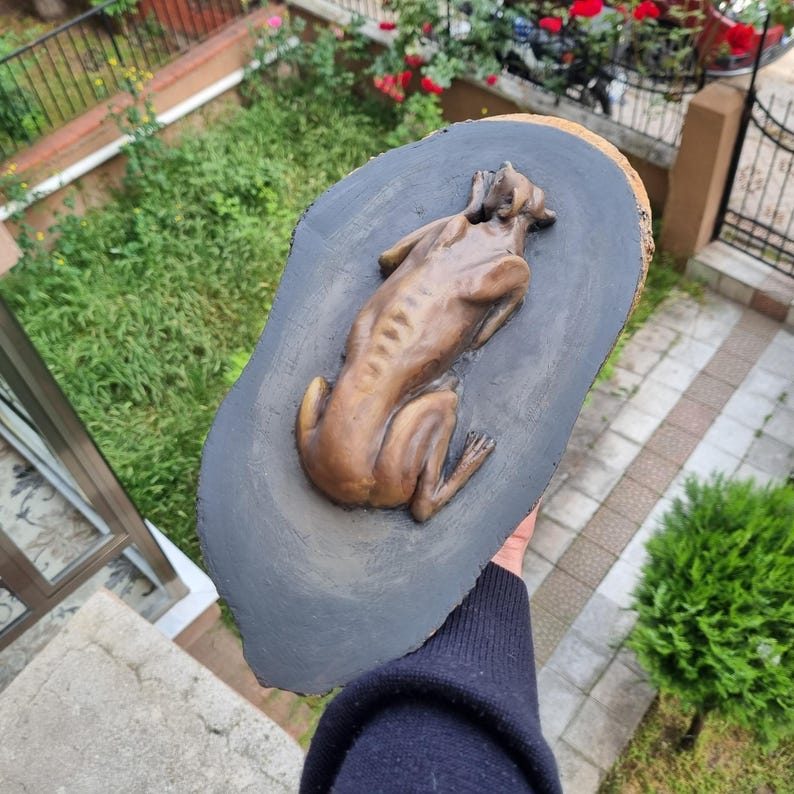 May include: A brown, sculpted relief of a dog in a resting position, mounted on a dark gray, oval-shaped wooden slice with natural bark edges. The dog is depicted from a top-down perspective, showing its back, head, and folded limbs.
