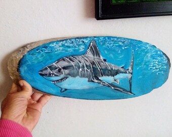 White Shark Painted Wall Art, Animal Painting on Wood, Marine Life Home Decor