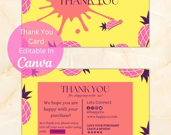 Thank You Business Card Template, Instant Download, Thanks For Your Purchase Card, Editable Thank You Business Card, Canva Template