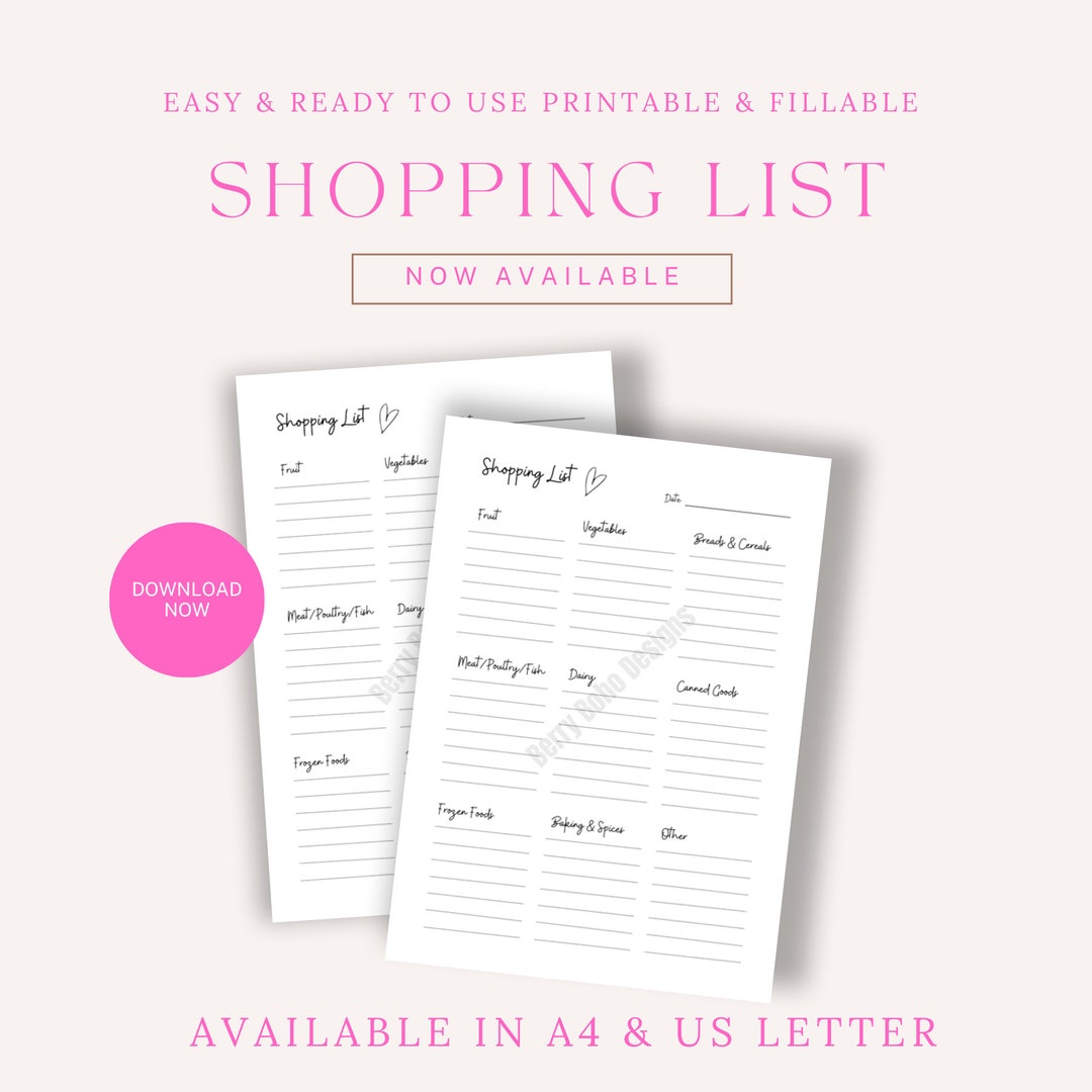 Printable &amp; Fillable Blank Shopping List PDF US Letter A4 - Etsy Australia