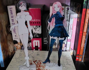 Pode incluir: Duas figuras de personagens de anime em pé. A figura à esquerda está vestindo um vestido branco com mangas bufantes. A figura à direita está vestindo um vestido azul com meias e botas pretas. Ambas as figuras têm cabelo rosa.