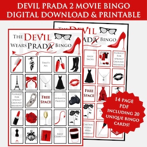 May include: Digital download of a "Devil Wears Prada" movie bingo game. The bingo cards feature iconic imagery from the film, including high heels, a dress, and the Eiffel Tower. The game includes 20 unique bingo cards.