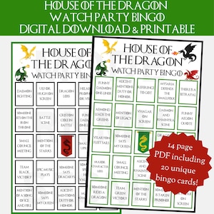 May include: Digital download of a "House of the Dragon" Watch Party Bingo game. The printable PDF includes 20 unique bingo cards with squares like "Daemon Fighting" and "Someone Says My Queen." The game features dragon graphics.