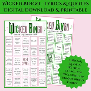 Wicked Bingo DIGITAL, Wicked Party Game, Bingo imprimible, Wicked Activity para niños, Elphaba Bingo, Glinda Bingo, Wicked Lyrics, Wicked Game