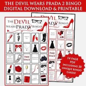 May include: A digital download of "The Devil Wears Prada 2 Bingo" game. The bingo cards feature illustrations of fashion items and quotes from the film. The game includes 20 unique bingo cards and is printable.