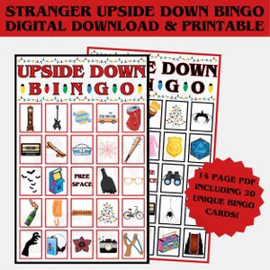 Può includere: Due cartelle di bingo stampabili con bordo rosso, con immagini di una popolare serie TV. La parte superiore dell'immagine recita "STRANGER UPSIDE DOWN BINGO DIGITAL DOWNLOAD & PRINTABLE". Un grafico a stella rosso indica "14 PAGE PDF INCLUDING 20 UNIQUE BINGO CARDS!"