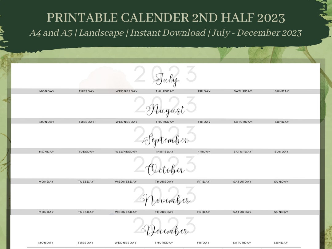 Calender 2023 Printable 2nd half 2023 July-December Table - Etsy México