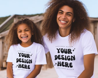 Bella & Canvas 3001 TShirt Familie Mockup - Bella Canvas Shirt - Weißes Shirt Mockup - Strand Mockup - Familie Mockup - Vater Tochter Mockup