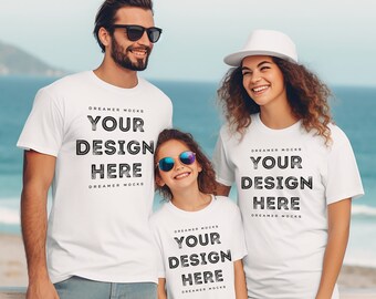 Bella Canvas 3001 TShirt Familie Mockup - Bella Canvas Shirt - Weißes Shirt Mockup - Strand Mockup - Familie Mockup - Eltern und Kinder Mockup