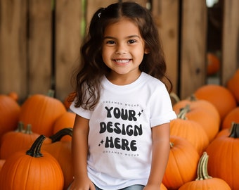 Maquete de camiseta infantil, maquete branca Bella Canvas 3001T, maquete de Halloween, maquete de modelo infantil, maquete de outono, maquete infantil, maquete infantil de outono