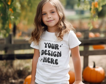 Maquete de camiseta infantil, maquete branca Bella Canvas 3001Y, maquete de Halloween, maquete de modelo infantil, maquete de outono, maquete infantil, maquete infantil diversificada