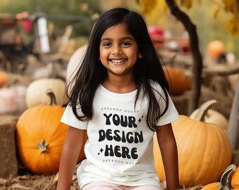 Maquete de camiseta infantil, maquete branca Bella Canvas 3001Y, maquete de Halloween, maquete de modelo infantil, maquete de outono, maquete infantil, maquete infantil diversificada