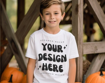 Maquete de camiseta infantil, maquete branca Bella Canvas 3001Y, maquete de Halloween, maquete de modelo infantil, maquete de outono, maquete infantil, maquete infantil diversificada