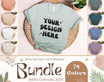 Boho Bella Canvas 3001 Mockup Bundle | 74 kolory | Płaskie makiety koszulek, makiety POD Flatlay, Bella Canvas Folded Tshirt Mockup Bundle