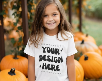 Maquete de camiseta infantil, maquete branca Bella Canvas 3001Y, maquete de Halloween, maquete de modelo infantil, maquete de outono, maquete infantil, maquete infantil diversificada