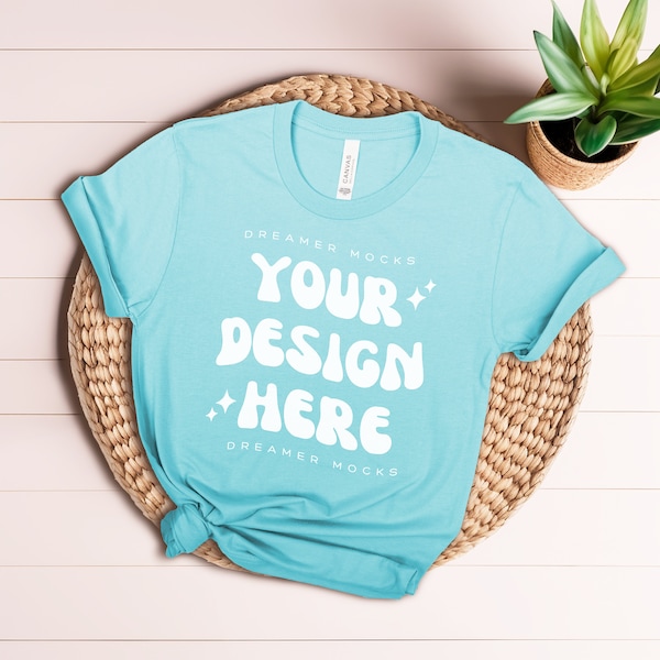 Turquoise Bella Canvas 3001 Mockup | Boho Bella Canvas 3001 Mockup, Flat Lay Tshirt Mock-up, Bella and Canvas Shirt Knot Flatlay, POD Mock