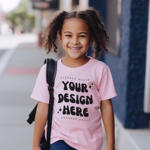 Kids Tshirt Mockup, Pink Bella Canvas 3001Y Mockup, School Mockup, Kids Model Mockup, Child Shirt Mockup, Kids mockup, Diverse Kids Mockup